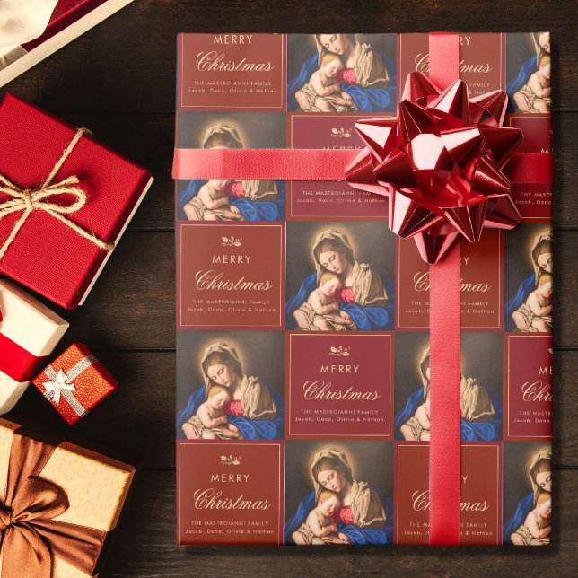 Traditional Religious Madonna & Child Catholic Wrapping Paper (Religious Christmas gift wrap with Madonna and Child in red and gold for Catholics)