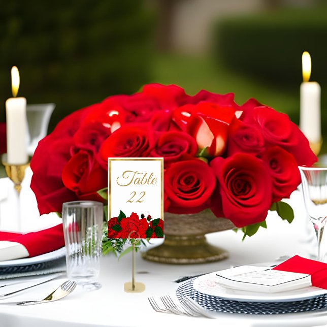 Traditional Romantic Gold Framed Red Roses Wedding Table Number (Creator Uploaded)