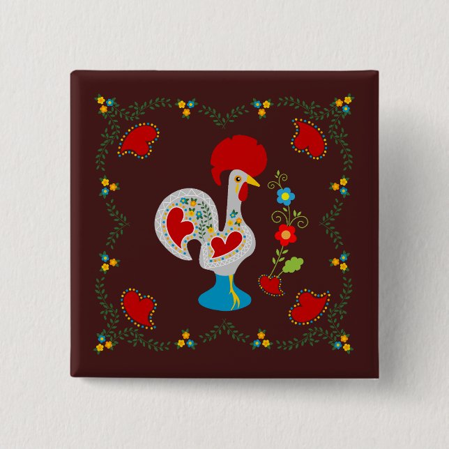 Traditional rooster of Barcelos in white 2 Inch Square Button (Front)
