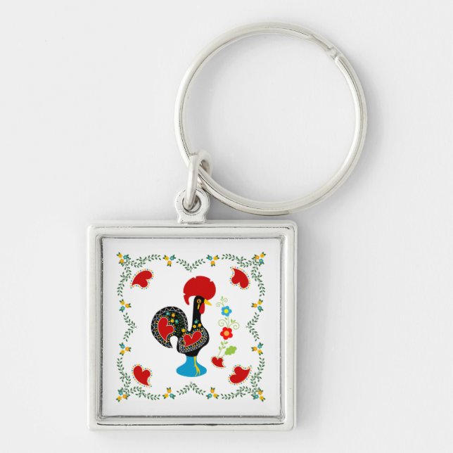 Traditional Rooster of Portugal in black Keychain (Front)