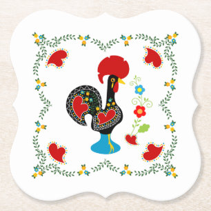 Traditional Rooster of Portugal in black Paper Coaster