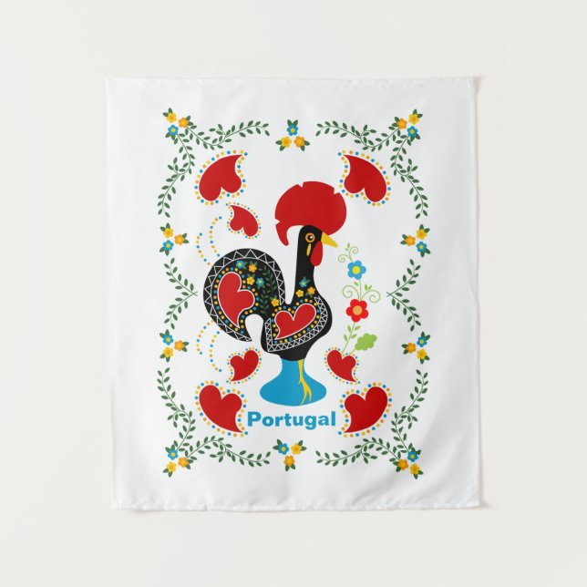 Traditional Rooster of Portugal in black Tapestry (Front)