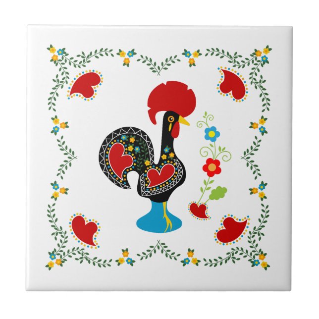Traditional Rooster of Portugal in black Tile (Front)