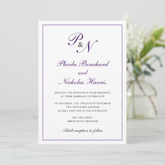 Traditional Royal Purple Monogram Elegant Wedding Invitation (Standing Front)