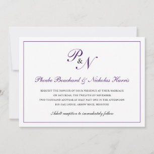 Traditional Royal Purple Monogram Formal Wedding Invitation