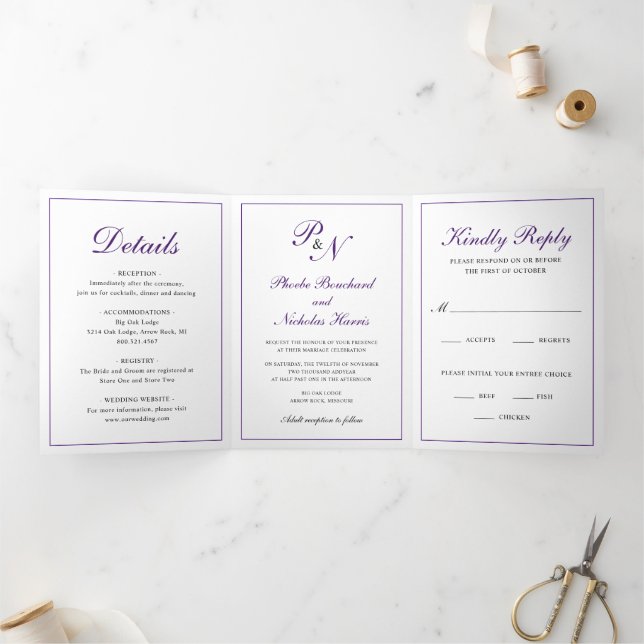Traditional Royal Purple Monogram Formal Wedding Tri-Fold Invitation (Inside)