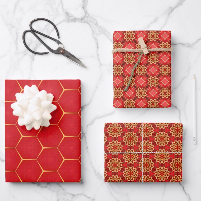 Traditional Royal Red & Gold  Wrapping Paper Sheet (Front)