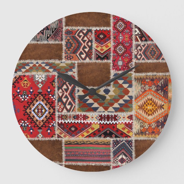 Traditional Rug Patchwork: Decorative Carpet Décor Large Clock (Front)