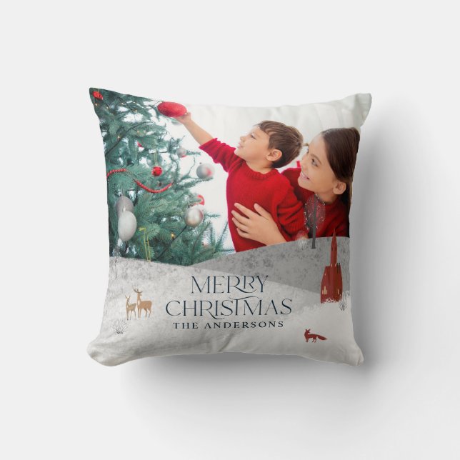 Traditional Rustic 1 photo Winter Merry Christmas Throw Pillow (Front)