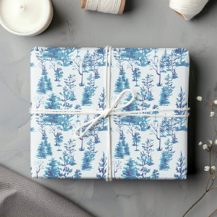 Traditional Rustic Blue Nordic Pine Tree Forest Wrapping Paper Sheet