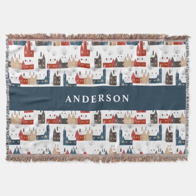 Traditional Rustic Winter Merry Christmas red navy Throw Blanket (Front)