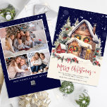 Traditional Rustic Winter Photo Merry Christmas Holiday Card<br><div class="desc">This elegant Christmas card features watercolor holiday home with customizable text for your greeting and family name. Back features 3 of your favourite photos and custom message on a navy blue background. Perfect for sending holiday cheer to your friends and family.</div>