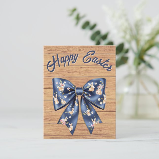 Traditional rustic wooden ribbon Happy Easter Holiday Card (Standing Front)