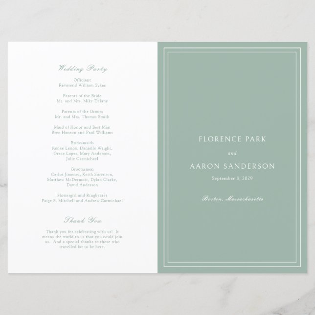 Traditional Sage Green Catholic Wedding Program (Front)