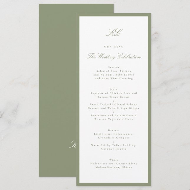 Traditional Sage Green Monogram Wedding Menu (Front/Back)