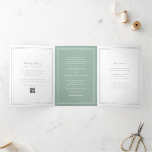 Traditional Sage Green QR Code Timeless Wedding Tri-Fold Invitation