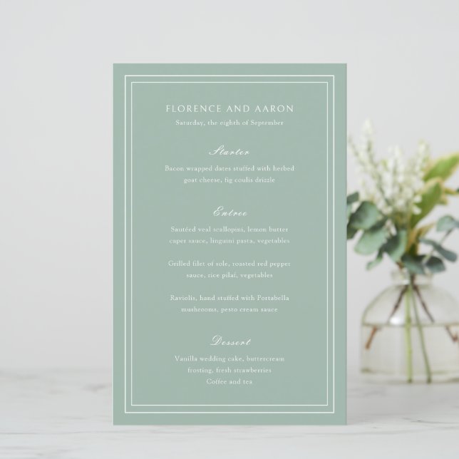 Traditional Sage Green Timeless Wedding Menu (Standing Front)