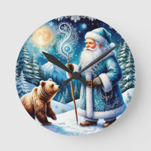 Traditional Santa Claus in Festive Winter Scene Round Clock