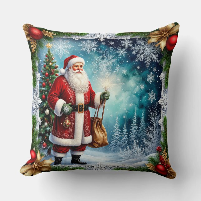 Traditional Santa Claus in Winter Wonderland Throw Pillow (Front)