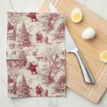 Traditional Santa Claus Red on Cream Toile De Jouy Kitchen Towel<br><div class="desc">An intricate red and cream pattern of a traditional Santa Claus delivering presents in a snowy village amongst roaming deer.</div>