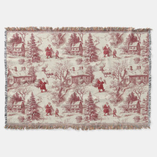 Traditional Santa Claus Red on Cream Toile De Jouy Throw Blanket