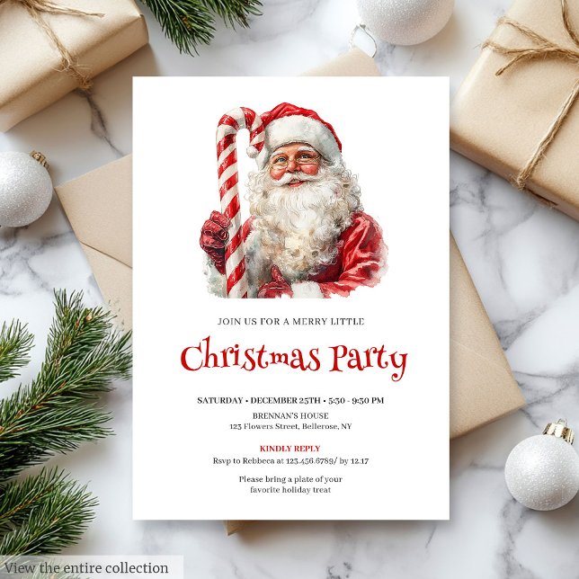 Traditional Santa Watercolor Christmas Dinner  Invitation (Traditional Santa Watercolor Christmas Dinner Invite)