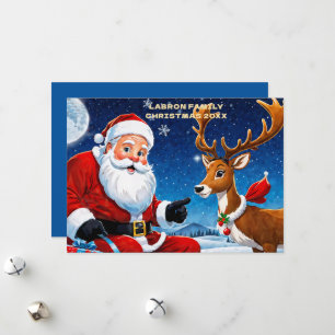 Traditional Santa with His Reindeer Personalized Holiday Card
