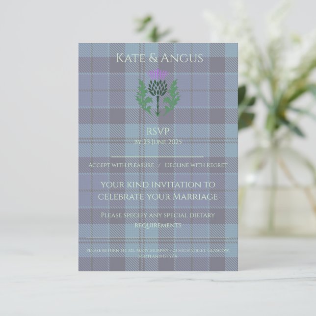Traditional Scottish Tartan and Scotland Thistle RSVP Card (Standing Front)