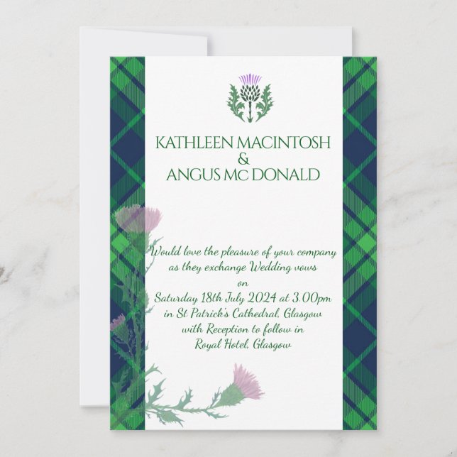 Traditional Scottish Tartan Border and Thistle Invitation (Front)