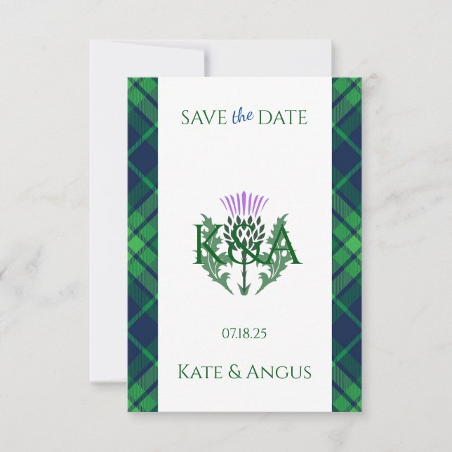 Traditional Scottish Tartan Border and Thistle Save The Date (Front)