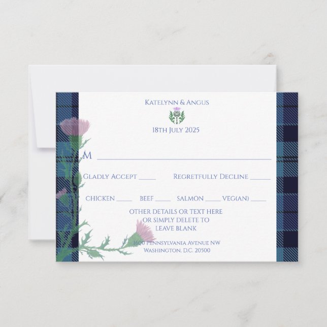 Traditional Scottish Tartan Border & Thistle RSVP Card (Front)