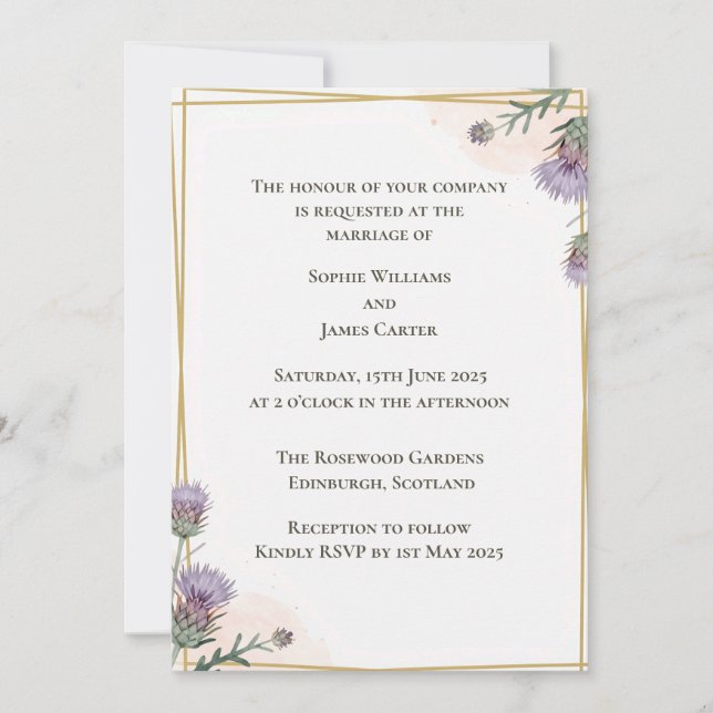 Traditional Scottish Thistle Wedding Invitation  (Front)