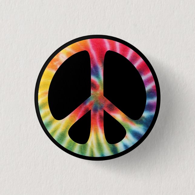 Traditional Sixties Peace Symbol with Tie-Dye 1 Inch Round Button (Front)