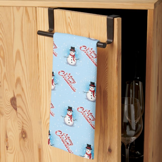 Traditional Snowman Christmas on LIGHT BLUE Kitchen Towel (Thirds Fold)
