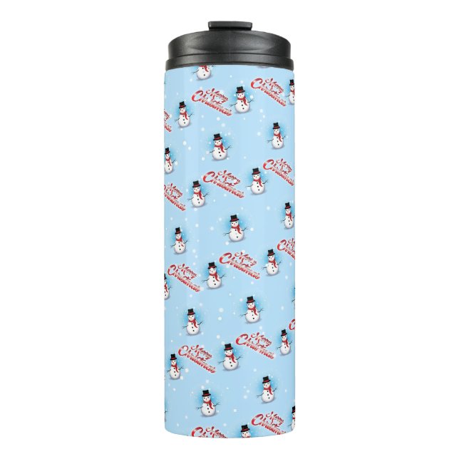 Traditional Snowman withT Merry Christmas on BLUE  Thermal Tumbler (Front)