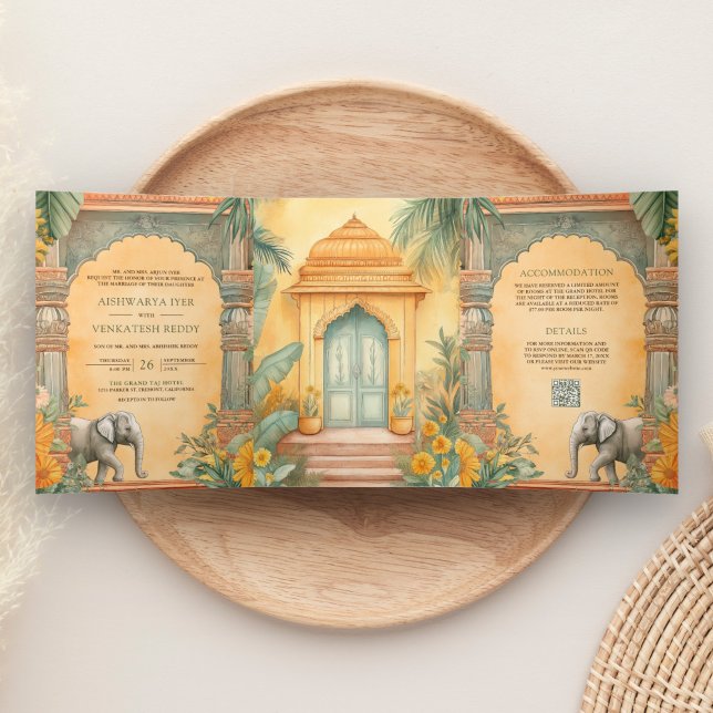 Traditional South Indian Photo QR Code Wedding Tri-Fold Invitation (Creator Uploaded)