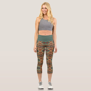 Traditional Southwestern rustic teal & brown  Capri Leggings