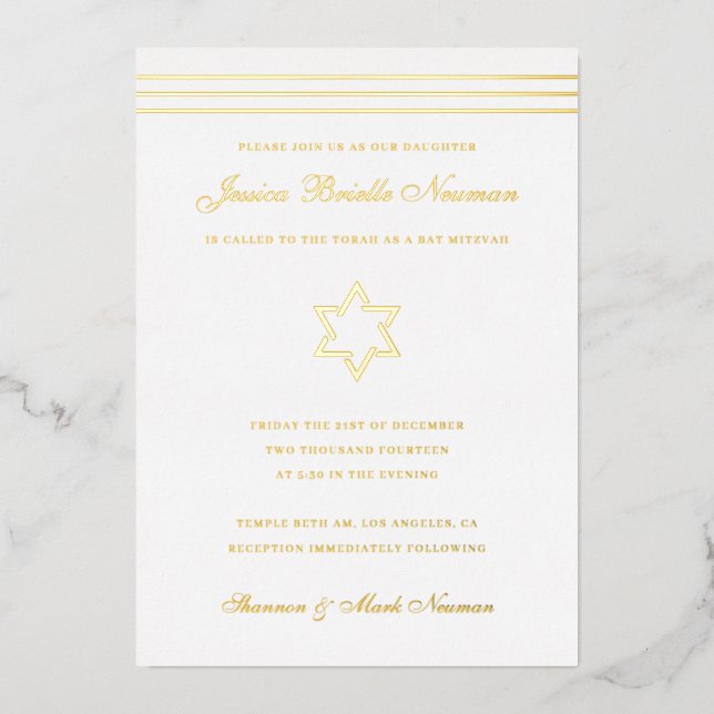 Traditional stripe Bat Mitzvah Star of David Gold  (Front)