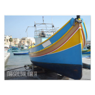 Traditional Striped Fishing Boat Marsaxlokk Malta Photo Print