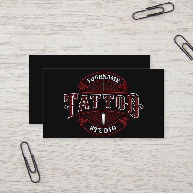 Traditional Style ADD NAME Tattoo Studio Shop Business Card (Front/Back In Situ)