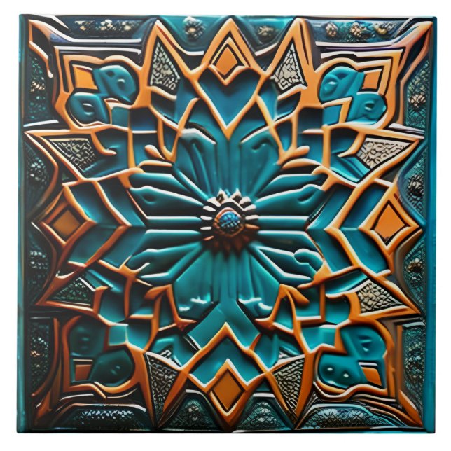Traditional Teal and Mustard ceramic art  Tile (Front)