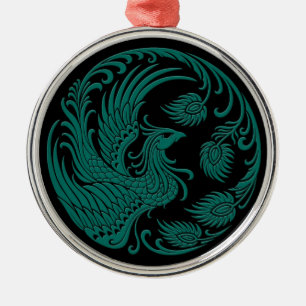 Traditional Teal Blue Phoenix Circle on Black Metal Ornament