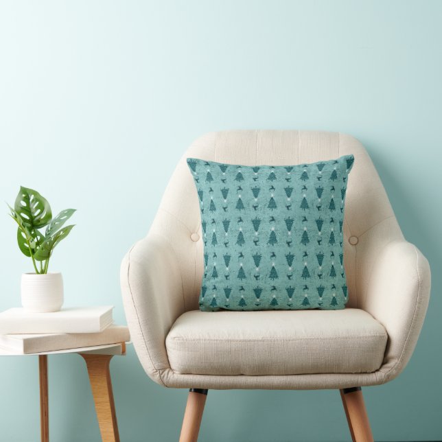 Traditional Teal Green Christmas Trees & Reindeer  Throw Pillow (Chair)