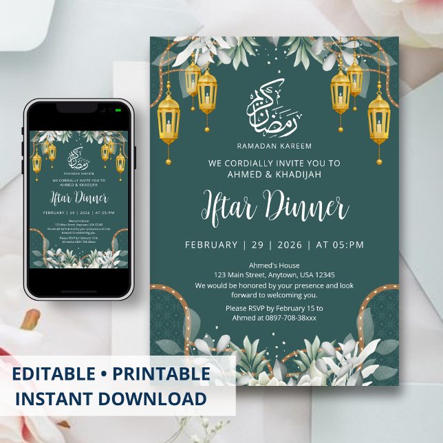Traditional Teal Pattern Ramadan Iftar Dinner Invitation (Creator Uploaded)