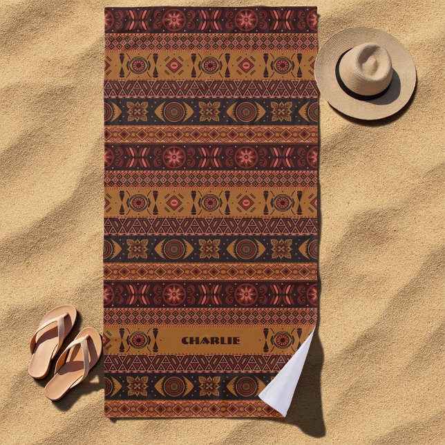 Traditional Terracotta Ethnic Tribal Boho Pattern Beach Towel (Creator Uploaded)
