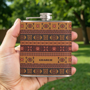 Traditional Terracotta Ethnic Tribal Boho Pattern Hip Flask