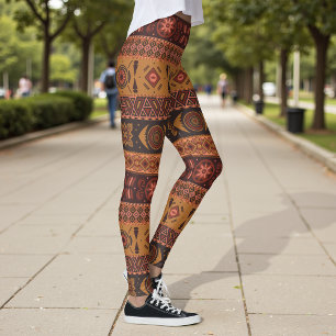 Traditional Terracotta Ethnic Tribal Boho Pattern Leggings