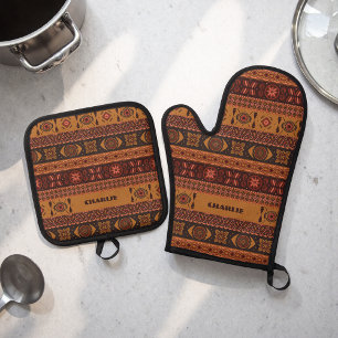 Traditional Terracotta Ethnic Tribal Boho Pattern Oven Mitt & Pot Holder Set