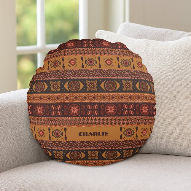 Traditional Terracotta Ethnic Tribal Boho Pattern Round Pillow (Creator Uploaded)