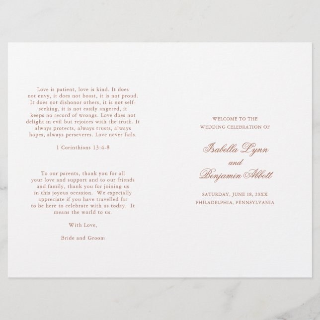 Traditional Terracotta Formal Wedding Program (Front)